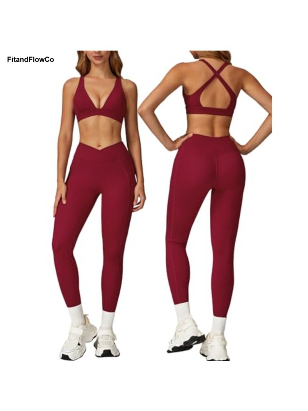 Women's 2-Piece Crossover Leggings & Plunge Sports Bra Workout Set